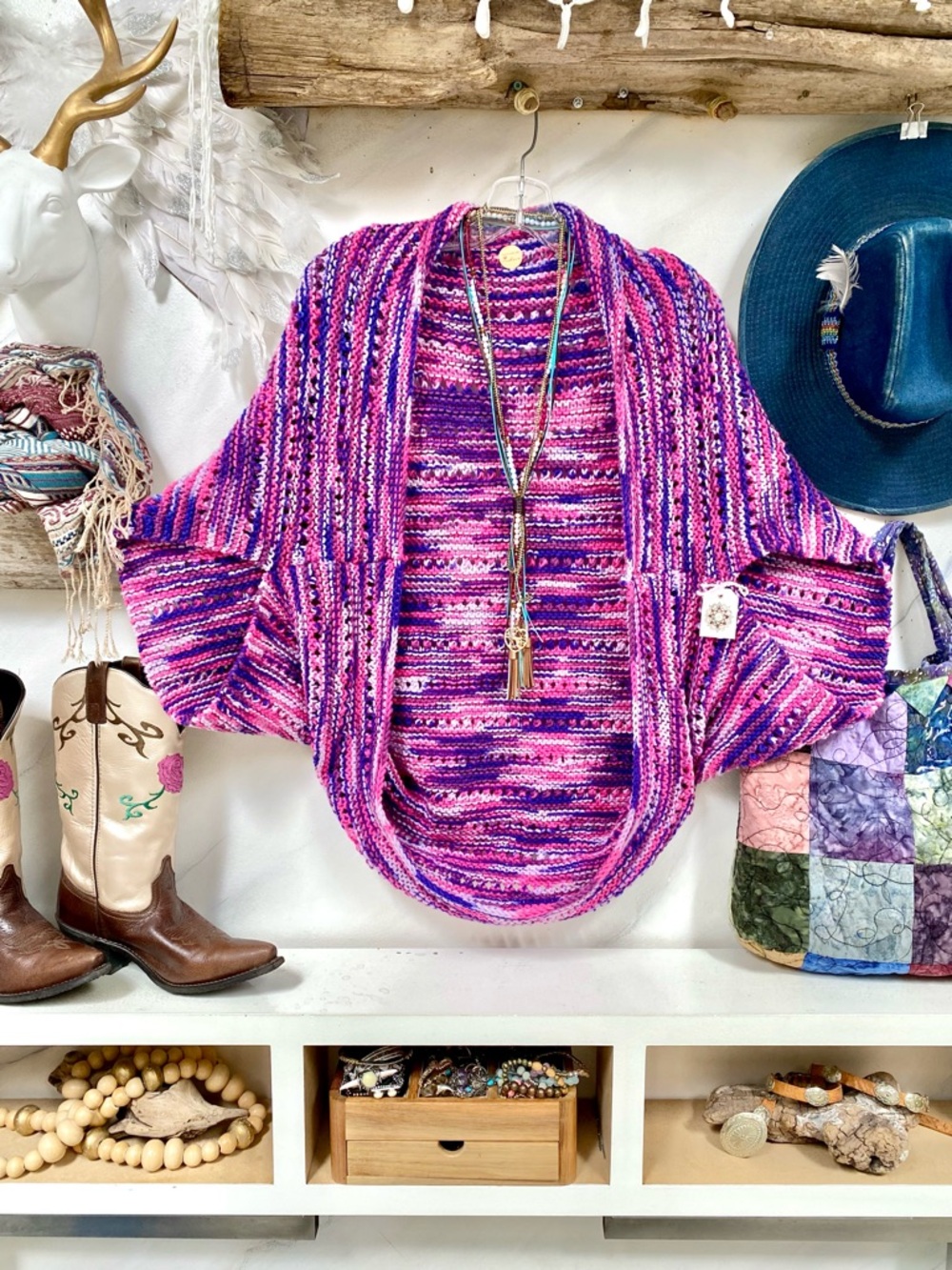 Artisan knit boho shrug cocoon cover up w hippy granny cottage farmhouse vibe
